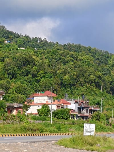 The image depicts a hillside residential area in Tharpu, Nepal, characterized by lush green vegetation and several houses. A paved road with yellow and black striped markings runs along the bottom of the frame, suggesting it's a main thoroughfare. The houses are of varying sizes and architectural styles, with some featuring red tiled roofs and others with flat tops. Several structures have water tanks on their roofs. The hillside is densely covered with trees, indicating a semi-rural or mountainous environment. The sky is overcast with dark clouds, suggesting potential for rain or a storm. There are no people visible in the image. A white sign with some reflective material is placed near the roadside, partially obscured by grass.
