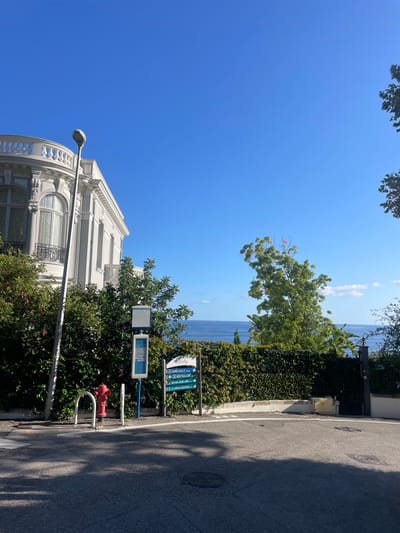 This image depicts a coastal street scene in Cap-d'Ail, France, under a clear blue sky with minimal clouds.

On the far left, a multi-story, light-colored building in a classical architectural style is partially visible, featuring ornate details such as a balustraded upper balcony or terrace and arched windows with dark railings. A slender, grey lamppost stands directly in front of this building.

In the midground, a collection of street furniture is present. A blue-and-white pole holds two rectangular bus stop signs. Adjacent to it, another blue-and-white pole displays multiple green directional signs with white text, indicating local landmarks such as "GARE S.N.C.F.," "LA MALA," "LA TURBIE," and "LE JARDIN EXOTIQUE." A red fire hydrant is positioned next to a white, inverted U-shaped bicycle rack. Behind these objects, dense green bushes and trees line the property edges. One distinct tree with lighter green foliage stands to the right, appearing windswept or uniquely curved.

The background reveals a vast expanse of calm, deep blue Mediterranean Sea stretching to the horizon, visible above a lush green hedge and other trees. A dark, possibly wrought-iron, double gate is partially visible on the right, leading into a private property.

The foreground consists of dark asphalt pavement, displaying dappled shadows cast by unseen overhead objects. A circular metal manhole cover is embedded in the pavement in the lower-right foreground. There are no people or active interactions depicted.