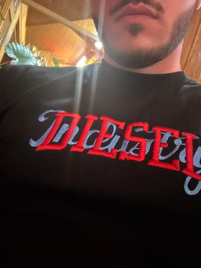 The image displays a close-up, upward-angled view of an adult male from the chest up, situated indoors. The individual wears a black, short-sleeved, crew-neck t-shirt featuring prominent embroidered text across the chest. The embroidery spells "DIESEL" in a stylized, somewhat cursive font. The primary letters are red, and they are overlaid on or shadowed by a second set of identical letters in light blue, which are offset slightly to the left and beneath the red lettering, creating a three-dimensional effect.
The man's lower face is visible, including his lips, a trimmed mustache, and a short beard forming a goatee that tapers below his lower lip, with facial hair extending along his jawline. His skin tone is fair.
The background is out of focus but reveals an indoor setting characterized by wooden elements. Exposed wooden beams and parallel wooden planks, likely part of a ceiling or wall, are visible. A warm, bright light source, possibly artificial, is present in the upper right portion of the background, casting a glow and exhibiting some lens flare. A large, green, leaf-like object, possibly from a plant or decoration, is partially visible in the upper left background.
This scene is presented without specific visual identifiers for Debrashtitsa, Bulgaria, but is described within that geographical context as requested.
