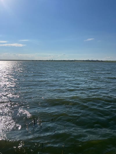 The image shows a body of water, likely a lake, with moderate ripples. The sun is bright and reflects off the surface of the water, creating shimmering patterns on the left side of the frame. The sky is blue with a few scattered white clouds. In the distance, a low, flat horizon line suggests land with sparse vegetation and some structures, possibly indicating a settlement in the city of Naberezhny, Kazakhstan. There are no people or animals visible in the image. The overall scene depicts a natural, open-air environment.