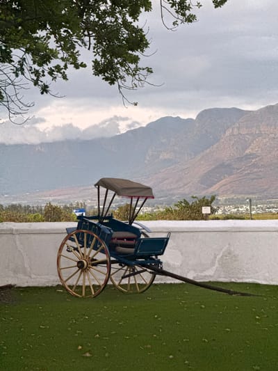 The image displays a panoramic landscape featuring a vintage carriage in the foreground against a backdrop of majestic mountains and a valley. The sky is overcast or hazy, covering the top portion of the frame. Below, rugged mountains with shades of brown and grey stretch across the mid-ground, appearing vast and imposing. A valley, possibly home to a small town, is discernible at the foot of the mountains.

In the immediate foreground, a well-manicured lawn of green grass extends from the right, meeting a low, white wall or barrier. A striking blue, two-wheeled carriage with intricate red detailing is positioned on the grass. Its large, spoked wheels are painted yellow with red rims, and it features a light-colored canopy over the seating area. A long, dark shaft protrudes from the front of the carriage.

To the left, a large tree with dense green foliage frames the scene, partially obscuring the sky and distant mountains. A small white sign bearing the text "B15" is visible in the mid-ground, tucked amidst smaller greenery behind the white wall, below the mountains.

No specific activity or event is taking place; the carriage is stationary, suggesting it may be a decorative element or a prop. The diffused lighting indicates an overcast day or perhaps late afternoon. The overall impression is one of tranquility and natural grandeur, consistent with the Drakenstein Nu region of South Africa, known for its scenic mountainous landscapes.