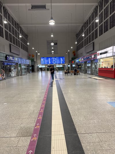 The image shows the interior of Duisburg Hauptbahnhof, a train station in Duisburg, Germany. The scene is a wide, well-lit hall with a high ceiling and large windows along the upper walls. The floor is paved with light-colored tiles, with a dark gray strip running down the center of the hall, marked with a purple line and directional arrows.
In the foreground, a man walks away from the camera down the central path. In the middle ground, several people are seated on benches on the right side of the hall, and a few individuals are walking in the distance. On the left side of the hall, there are shops and information kiosks, including a "Press & Book" store and a "DB Information" desk. On the right, the "DB Information" kiosk is prominent with its red counter. Large digital displays showing train information are visible overhead.
The lighting is bright, suggesting artificial lighting as well as natural light from the windows. The overall atmosphere is that of a busy transportation hub.