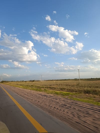 The image captures a roadside view on a bright, partly cloudy day. A gray asphalt road with a single yellow line marking the lane runs diagonally from the lower left to the upper right of the frame. To the right of the road, a field of dry, tan-colored grass extends towards the horizon. The field is dotted with several utility poles and what appear to be fence posts. In the distance, a low line of trees marks the horizon, and beyond that, a hazy, mountainous landscape is faintly visible. The sky is a vibrant blue, filled with scattered white cumulus clouds. The overall scene suggests a rural or semi-rural environment, possibly along a highway. There are no people or animals visible in the image. The location in the city of Rassvet, Kazakhstan, is not discernible from the image itself.