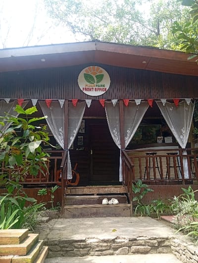 The image displays the front exterior of the Pijar Park Front Office building, located in Kajar, Indonesia. The structure is primarily composed of dark brown, horizontally-oriented wooden planks and features a sloped, brown roof. A prominent circular sign above the central entrance reads "PIJAR PARK FRONT OFFICE" and incorporates a logo depicting an orange sun over two green leaves.

A raised wooden porch spans the building's front, accessed by a set of two wooden steps. Two pairs of white shoes are neatly placed on the top step directly in front of the closed wooden main door. Above the porch, white lace valances are draped between support beams, with a string of red and white triangular pennants hanging underneath. The right section of the porch, visible through wooden railings, reveals several dark bar stools positioned behind a counter.

The surrounding environment includes dense green foliage, comprising trees and various bushes, which are prominent on both sides of the building and in the foreground. The ground leading to the steps is an uneven surface of concrete or stone, with a small stack of reddish-brown bricks visible in the lower left foreground. No individuals are present in the scene.