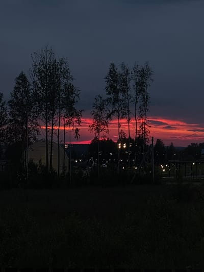 The image depicts a twilight scene in Gubakha, Russia, characterized by a dramatic sky ablaze with vibrant red and orange hues, indicative of a sunset or sunrise. Silhouetted against this colorful sky are several trees, their branches stark and defined. In the mid-ground, a large, dome-shaped building is visible, possibly a sports facility or industrial structure. Further back, a series of lights, appearing as small, bright orbs, are scattered across the landscape, suggesting the presence of a town or recreational area. The foreground is dominated by darkness, with the dense foliage of trees and bushes obscuring any finer details. The overall impression is one of a serene yet striking natural phenomenon occurring in an urban or semi-urban environment.