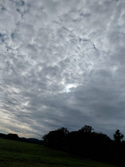 This is a landscape photograph taken in Owingsville, United States. The image depicts a dramatic sky filled with a variety of clouds, ranging from fluffy cumulus to streaky cirrus formations. The sun is partially visible through a gap in the clouds, creating a bright, radiant effect. Silhouetted against the sky on the right side of the frame is a line of trees, and further in the distance, the faint outline of hills or mountains. The foreground is occupied by a grassy field, also in silhouette, suggesting a low angle of the sun. The overall mood is atmospheric and somewhat dramatic, with the interplay of light and shadow creating a sense of depth and natural beauty. The time of day appears to be either sunrise or sunset, given the low angle of the sun and the quality of the light. The weather is cloudy, but not entirely overcast, with breaks allowing the sun to shine through. There is no visible text in the image.