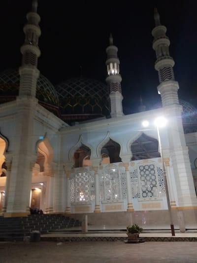 The image depicts a grand mosque at night, located in Kotapantonlabu, Indonesia. The structure is illuminated against a dark sky. Two prominent white minarets with red/maroon zigzag patterns and pointed finials are visible, one on the left and another on the right, with the right minaret showing internal illumination. Multiple large domes with a grid-like pattern are visible behind the main facade. The mosque's exterior is predominantly white or light-colored, featuring numerous arched windows and doorways. Several windows display intricate geometric lattice designs. White columns with gold or yellow bases and capitals support the structure. A wide set of dark steps leads up to an entrance on the left, where one or more individuals are discernible sitting or kneeling. A very bright streetlamp on a pole stands in the middle-right foreground, casting a strong light and lens flare. In the lower-right foreground, a small potted plant with green foliage rests on the paved ground, which has a patterned border along the base of the building. A dark cylindrical object is visible near the base of the steps on the left.