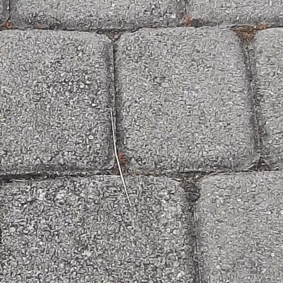 The media file displays a close-up, overhead view of grey paving stones, likely a walkway or patio. The stones are rectangular and arranged in a repeating pattern, with visible grout lines between them. A thin, silver-colored wire or thread is stretched across the gap between two of the stones, creating a subtle diagonal line in the composition. There are small specks of brown debris, possibly dirt or organic matter, visible in the crevices between some of the stones, particularly in the upper left portion of the image. The lighting suggests it is daytime, with no strong shadows indicating a specific time of day. The image is somewhat pixelated, suggesting it may be a low-resolution photograph or a digitally altered image. The overall scene is static and mundane, focusing on the texture and pattern of the paving stones and the small, out-of-place wire. There is no visible text in the image.