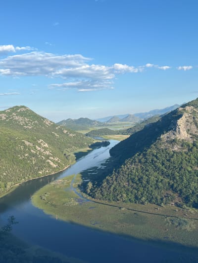 This image captures a scenic view of the Skadar Lake National Park near Rvaši, Montenegro. The scene is dominated by a wide, deep blue river that curves through a valley. The riverbanks are lined with lush green vegetation, including reeds and trees. Steep, verdant hills covered in trees and rocky outcrops rise on either side of the river, creating a dramatic landscape. In the distance, a series of rolling hills and mountains are visible, fading into a hazy blue horizon. The sky above is a clear, bright blue with scattered white clouds. A small boat is visible on the water, leaving a wake behind it, suggesting movement and activity within the serene environment. There are also some red-topped markers visible in the water near the shore. The overall impression is one of natural beauty and tranquility, characteristic of the Montenegrin landscape.