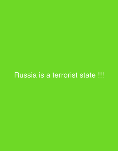 The image is a screenshot of a plain, bright green background with white text. The text reads "Russia is a terrorist state !!!" and is centered horizontally on the screen. There are no other objects or people visible in the image. The image does not contain any information about the city of Genemuiden, Netherlands.
