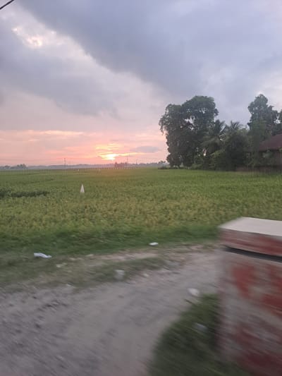 The image depicts a rural landscape at dusk or dawn, possibly located near the city of Cotusibak, Indonesia. The sky is filled with heavy, gray clouds, punctuated by a vibrant orange and pink sunrise or sunset along the horizon. A lush green field dominates the middle ground. Trees are visible along the left side of the image, with what looks like a house and road on the right. The ground appears to be a dirt path or road. The photograph has been taken at a slight angle.