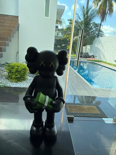A black KAWS Companion figure, characterized by yellow X-shaped eyes, is positioned indoors on a reflective black surface. The figure is holding multiple stacks of green currency, each secured with a white band, in its hands. The scene is viewed through a large glass panel, revealing an outdoor environment under a bright, partly cloudy sky in Villahermosa, Mexico.
Outdoors, a multi-story modern white building with visible wooden stairs is present. Adjacent to the building, a landscaped area features white decorative stones and a spherical green shrub. A rectangular swimming pool with blue water occupies the mid-ground. Inside the pool, a dark, abstract, creature-like object and a red and green watermelon-slice inflatable float are visible. A textured white wall forms a barrier along one side of the pool, and numerous palm trees are evident in the background. A rectangular brown doormat with a black border lies on the patio floor directly outside the glass partition.