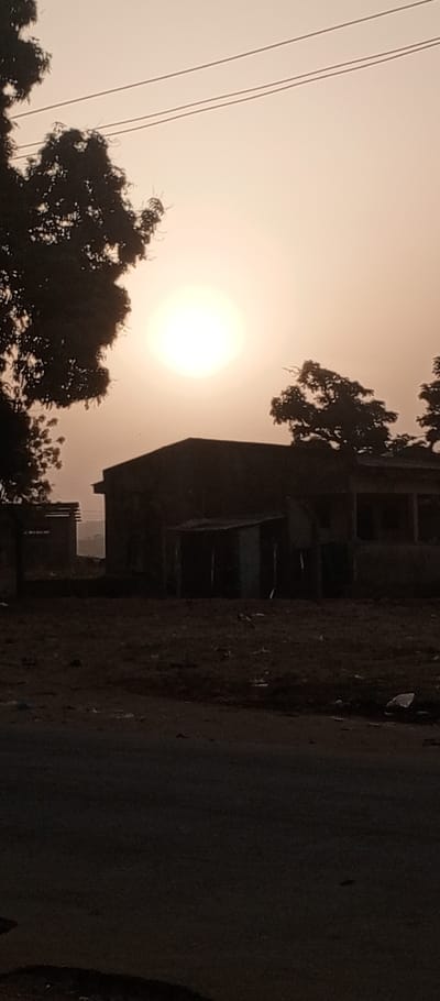 The scene in Tunga Mekidi, Nigeria, depicts an arid, semi-rural or semi-urban landscape under the intense backlighting of a low-lying sun. The sky presents a hazy, light orange-pink hue. A dark, possibly unpaved road occupies the immediate foreground. Beyond the road lies an uneven patch of dry earth with sparse vegetation and scattered debris.
In the midground, several structures are silhouetted against the bright sky. A prominent, single-story building with a flat roof and visible window openings is positioned towards the right. Directly in front of this building, a smaller, makeshift lean-to structure, appearing to be a stall or shed with a corrugated roof supported by vertical posts, is present. Further to the left, a rectangular, utility-style structure is partially visible.
Dense foliage from a large tree dominates the upper-left quadrant, with additional smaller trees or bushes also silhouetted against the horizon on the right. Two distinct utility lines are visible spanning horizontally across the upper portion of the sky. No human figures or active elements are discernible within the frame.