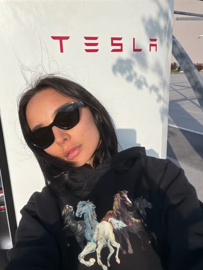 A close-up selfie captures a person, likely a woman with long dark hair, wearing black sunglasses and a black hoodie adorned with a vibrant graphic print of several horses in dynamic poses. The horses are depicted in shades of white, brown, and light blue. The image is taken outdoors in bright daylight, casting distinct shadows from overhead elements onto the background.
The person is positioned next to a white structure prominently displaying the red, stylized "TESLA" logo, indicating they are at a Tesla Supercharger station. This station is located in Jastrebarsko, Croatia. The shot is angled, with the person's head tilted to the right, and the "TESLA" text appearing sideways due to the rotation. The person's lips are slightly parted, conveying a relaxed expression despite the sunglasses obscuring their eyes. Faint details of pavement or a road can be seen in the background.