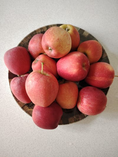 A top-down, eye-level, medium shot captures a close-up of a bowl of Gala apples. The apples are arranged in a pile within a dark, textured bowl, which rests on a speckled, light-colored countertop. The apples are predominantly red with some yellow and pink blushing. The scene is lit from above, casting soft shadows. There are no people or animals present, and no discernible activity or interaction is depicted. The background is a blurred, light-colored speckled surface, consistent with a kitchen countertop. The image does not contain any information or visual cues that would allow for the identification of its location within the city of Кривец, Russia.