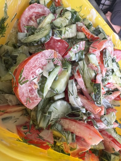 A close-up overhead shot shows a yellow bowl overflowing with a salad made of chopped tomatoes and cucumbers. The salad is dressed in a creamy white sauce and sprinkled with chopped dill. The background is blurred, but suggests an indoor setting, possibly a kitchen or dining area. No people are clearly visible in the image, though a person's arm and shoulder are visible in the upper right corner. The image does not provide any information about its location within the city of Petukhi, Russia, or any other location.