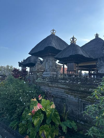 The image depicts the Pura Kehen temple complex in Bangli, Bali, Indonesia, under a clear blue sky. Several multi-tiered thatched-roof structures, topped with ornate golden crowns, dominate the upper portion of the frame. These structures are adorned with stone carvings. In the foreground, lush green foliage and large-leafed plants, some bearing pink and cream-colored flowers, are visible. A stone wall, covered in moss and lichen, separates the foreground from the temple structures. The overall scene conveys a sense of tranquility and cultural richness.