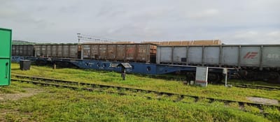 An outdoor, eye-level, wide shot captures a train on a railway track under a cloudy sky. The train consists of multiple railcars, some of which are flatbeds carrying stacks of lumber wrapped in plastic. Other railcars appear to be freight containers, some with visible Cyrillic lettering and logos. In the foreground, two parallel railway tracks are visible, overgrown with green grass and weeds. To the left, a portion of a large, bright green structure, possibly a shipping container or building, is partially visible. Further down the track, a dark gray dumpster is positioned near one of the railcars. A signal pole with yellow and black markings stands near the tracks. In the mid-ground, on the flatbed railcar, various labels and markings are present, including "RHWRAIL", "SWIF", and numbers like "98 94053". The overall scene suggests a freight yard or industrial area. The location is specified as Pogranichny, Russia.