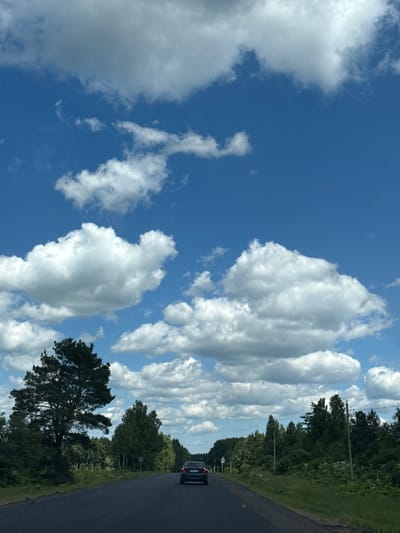 The image depicts a paved road in a rural area, bordered by lush green vegetation and a dense line of trees. The road stretches into the distance, where it appears to curve slightly. A dark-colored car is traveling on the road, moving away from the viewer. The sky is a vibrant blue, with scattered, fluffy white cumulus clouds. The sun appears to be shining, creating bright conditions. The overall impression is one of a scenic drive through a natural landscape. The location is identified as the city of Nikolskoye, Russia.