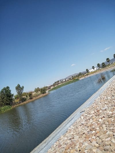 The image captures an outdoor scene in La Venta, Mexico, under a clear, bright blue sky with minimal white cloud cover. A wide body of dark blue-green water, showing slight ripples on its surface, diagonally spans the mid-ground. The immediate foreground on the right consists of a steep embankment; its lower section is a smooth, light grey concrete slope bordering the water, while the upper portion is covered densely with light brown, beige, and grey pebbles and small stones. The opposing bank, on the left, is heavily vegetated with green trees and brush. Further along this distant bank, a line of palm trees is visible, interspersed with several white-colored buildings in the middle distance, all set against a backdrop of low-lying hills or mountains under the horizon. No individuals, actions, or specific interactions are depicted.
