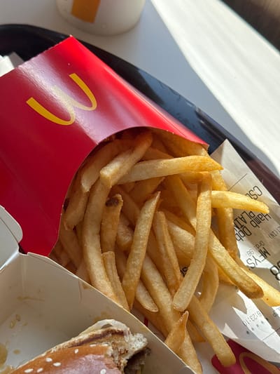 The image captures a close-up, high-angle view of a fast-food meal, illuminated by bright, natural sunlight that casts distinct shadows. The central focus is a vibrant red McDonald's carton, prominently displaying the iconic yellow "M" logo, filled with golden-brown french fries. Some fries stand upright, catching the sunlight, while others are nestled within the carton.

To the right of the fries, a white paper container holds a burger, with a portion of the bun and patty visible, suggesting it has been partially consumed or unwrapped. Both food items are resting on a dark-colored tray. A crumpled paper receipt is tucked behind the fries carton and burger container.

Visible text on the receipt includes "MFYS", "1(IN) Ord: 98", "Hamb Dob PLAIN" (likely indicating a "Hamburger Double, plain"), "CSL", "IP *****", and a timestamp "16:23:10", suggesting the order was processed at 4:23 PM. A white plastic cup or container is partially visible on the far left edge of the frame. The strong shadows and bright light indicate it is daytime, likely a sunny afternoon. The scene portrays a typical fast-food dining experience.