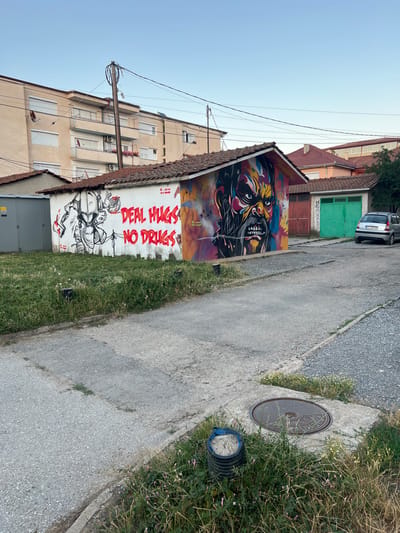 The photograph depicts an outdoor scene in the city of Delchevo, North Macedonia, likely in a residential or semi-industrial area. A small, single-story building with a red tile roof dominates the center of the frame. Its white exterior walls are adorned with vibrant graffiti. On the left side of the building's wall, a black and white stencil-style mural features a robotic figure holding an axe, accompanied by red spray-painted text that reads "DEAL HUGS NO DRUGS." The right side of the building features a large, colorful mural of a stylized, grimacing face with intense eyes.
Adjacent to this building, on the left, is a tall, grey utility structure. To the right of the graffiti-covered building, a second, smaller building with a red roof has green double doors, possibly a garage. A silver hatchback car is parked in front of this building. The ground is a mix of paved surfaces and gravel. A patch of overgrown grass with scattered wildflowers is visible in the foreground, near a manhole cover set into a concrete slab. In the background, taller apartment buildings and other residential structures are visible under a clear, pale blue sky. Power lines and a utility pole are also prominent in the scene. The overall impression is of an urban environment with elements of street art and everyday infrastructure.