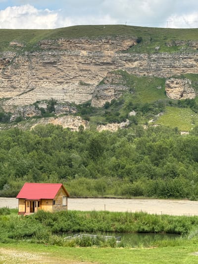 A small, rustic wooden house with a red tiled roof sits on a grassy bank beside a muddy river. The house has a simple, rectangular design with a porch. Behind the house, a dense forest stretches across the landscape, and further in the background, a massive, layered cliff face rises dramatically. The cliff is composed of light-colored rock with distinct horizontal striations, and it is partially covered in green vegetation. The sky above is partly cloudy with scattered white clouds against a pale blue backdrop. The scene depicts a remote, natural setting.