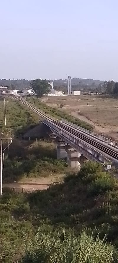 A railway bridge spans a grassy area. The bridge has concrete supports and a metal frame. Train tracks run across the bridge. In the background, a collection of buildings are visible, including a tall tower. The landscape is generally green and brown with scattered trees. Power lines extend along the tracks on the left side of the image. The sky is overcast. The vegetation is abundant in the foreground.