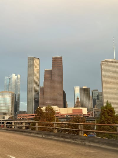A cityscape under a cloudy sky. Several tall skyscrapers dominate the scene, ranging in color from beige to brown to silver. Trees and a concrete barrier run along the right side of the frame. A roadway is partially visible in the foreground. The buildings feature different architectural styles, some with grid-like facades and others with stepped designs.