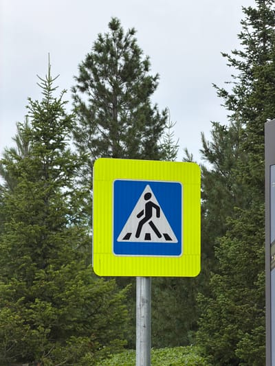 A traffic sign for a pedestrian crossing is prominently displayed on a metal post, framed by lush green pine trees against a bright, overcast sky. The sign itself is square with rounded corners and features a vibrant neon yellow border surrounding a blue square. Inside the blue square, a black silhouette of a person walking is depicted within a white triangle, pointing to the right. The pedestrian icon is stylized, with one leg extended forward and the other bent. The overall scene suggests an outdoor setting, likely along a road or path, with the dense foliage of the pine trees indicating a natural or semi-rural environment. The lighting suggests it is daytime, but the overcast conditions create a diffused, even light. The sign's clear visibility and the surrounding greenery provide a sense of a safe and designated crossing area. There are no other people or objects immediately visible besides the sign, post, and trees. The location context identifies the scene as Озерное (майминский), Russia.