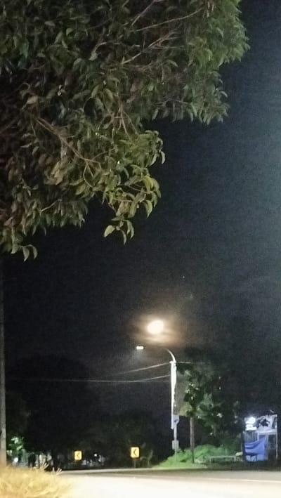 This media file depicts a nighttime scene in Cotpuuk, Indonesia. The foreground is dominated by the dark, leafy branches of a tree, illuminated by a soft, yellowish light that casts a subtle glow on some of the leaves. The background reveals a dark sky, punctuated by a bright, full moon, which appears slightly diffused by clouds or atmospheric haze.
Below the moon, a streetlamp stands on a pole, its light source a bright, almost blown-out circle. The streetlamp illuminates a portion of the road and the surrounding area, revealing hints of vegetation and a building with a blue tarp. Several yellow directional signs with curved arrows are visible along the roadside, indicating curves in the road. The overall impression is one of a quiet, possibly rural or suburban road at night, with the natural beauty of the moonlit sky contrasting with the artificial light of the streetlamp. The atmosphere appears calm and serene. There is no visible text in the image.