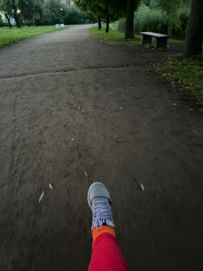 The image shows a first-person perspective of someone running on a dirt path in what appears to be a park. The path is surrounded by trees and grass, and there is a wooden bench visible on the left side of the frame. The lighting suggests it is either early morning or late evening, likely dusk. The weather appears to be overcast, contributing to the dim light. The runner is wearing red pants and a grey and purple running shoe with orange socks. The overall mood is peaceful and serene, indicative of a quiet exercise session in nature. The location context is Borisova Griva, Russia. There is no visible text in the image.