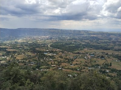 This elevated panoramic image displays the Waseges ward in Kenya under an overcast sky featuring gray cloud formations. The terrain presents as undulating, characterized by hills and valleys. In the immediate foreground, dense green tree canopy and shrubbery are visible. The midground and background reveal a sprawling rural-urban landscape. Numerous scattered buildings, predominantly light-colored, are dispersed across the area, indicating widespread human habitation. A distinct, denser concentration of structures, consistent with an urban center, is present in the central midground. A dark, curvilinear paved road, identified as a highway, traverses the midground, extending into the more densely built-up area. The land use includes cultivated fields, appearing as green and brownish-green patches, interspersed with natural vegetation. No individuals or specific actions are discernible within the captured scene.