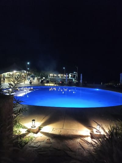 A sideways nighttime view features a brightly lit, elongated blue pool. Dim lights line a distant building structure near the pool, creating a silhouette against the dark sky. A decorative stone wall is illuminated by concealed lighting, with leafy plants scattered along it, contrasting with the dark background.