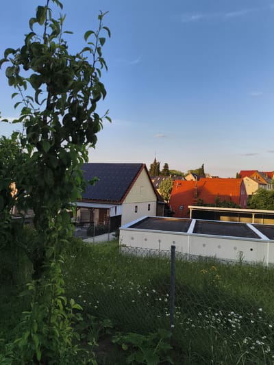 The media file depicts a serene suburban scene in Pegnitz, Germany, under a clear blue sky with a few wispy clouds. The time of day appears to be late afternoon or early evening, as indicated by the warm, soft light illuminating the rooftops and casting gentle shadows.
In the foreground, a lush green tree with abundant leaves is partially obscuring the view of a residential area. Beyond the tree, several houses with red-tiled roofs and pale-colored walls are visible. One house stands out with a dark-tiled roof, possibly equipped with solar panels. Adjacent to it, a more modern, light-colored structure with a flat roof and visible circular vents sits behind a wire fence.
The setting is a tranquil neighborhood, characterized by the neatly arranged houses and the presence of green spaces. The grassy area in front of the fence is dotted with small white wildflowers and some taller yellow blooms, adding a touch of natural beauty to the scene. A thin wire fence runs across the middle ground, separating the immediate foreground from the houses and further contributing to the sense of a quiet, settled environment.
No people are visible in the image, suggesting a peaceful and unpopulated moment. The overall mood conveyed is one of calm and domestic tranquility, characteristic of a pleasant evening in a German town. There is no visible text in the image.
