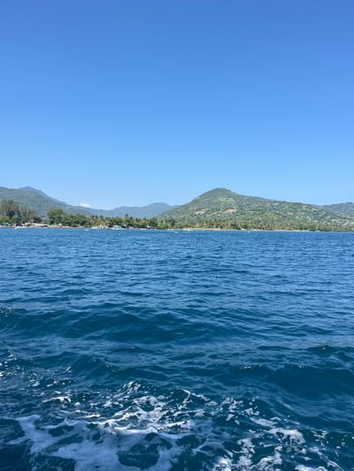 The image shows a scene from Pemenang Timur, Indonesia, viewed from the water. The clear blue sky occupies the left third of the frame. A lush, green shoreline with trees and small buildings runs vertically, separating the sky from the deep blue ocean. The water is choppy with white foamy waves visible closer to the viewpoint. The angle suggests the picture was taken from a moving boat or ship.