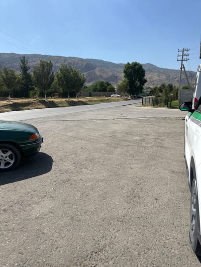 The image depicts a rural or semi-urban roadside scene with a backdrop of arid mountains under a clear blue sky. In the foreground, a green car is parked on a paved surface. To the right, the side of a white vehicle, possibly a van or SUV, with green and black detailing along its side, is visible. Beyond the paved area, a road curves towards the left, with a dry, grassy verge bordering it. Several trees, some with sparse foliage, are planted along the verge. In the distance, a lone cow is grazing on the grassy slope. Further back, a range of dry, eroded hills dominates the landscape. Utility poles with wires are present on the right side of the image, indicating some infrastructure. The overall environment suggests a sunny day in a dry, mountainous region, possibly on the outskirts of a settlement like Розиён, Tajikistan.