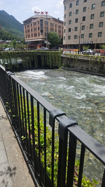 This image depicts a daytime view of the Gran Valira river in Andorra la Vella, Andorra, captured from a pedestrian viewpoint. In the immediate foreground, a black wrought-iron railing with ornate elements extends diagonally from the lower left to the middle right, separating a light grey paved walkway from the river. Green vegetation, including small plants and taller grasses, grows beneath and behind the railing.
The midground is dominated by the Gran Valira river, flowing from left to right. The water is clear, revealing a rocky riverbed, and exhibits numerous ripples and white aerated sections, indicating rapid movement. On the opposite bank, a concrete or stone wall supports a bridge structure from which dense green climbing foliage cascades downwards, partially obscuring the understructure.
In the background, two prominent multi-story buildings flank the scene beyond the river and bridge. To the left, a light brown commercial building, likely a hotel, features numerous rectangular windows and a ground-level retail or entrance area. Its rooftop prominently displays the word "Bingo" in purple letters, accompanied by two red stars. Vertically aligned signs on its facade repeatedly show "arthotel" and "P P" (parking). A street runs in front of this building, with a white sedan and a dark sedan visible. In the far left background, a steep mountain covered in dense green trees rises under a bright sky.
To the right, a large, light grey building with a curved architectural element presents numerous square windows. The word "NOVOTEL" in large black letters is visible on its lower facade. A street lamp stands in front of this building, and a white passenger vehicle is visible on the adjacent road. The sky above is a light blue with scattered white clouds. No discernible human figures are prominent in the foreground or midground.