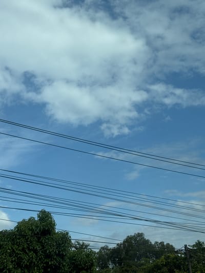 The image depicts a view of the sky with some trees and power lines in the foreground. The sky is a clear blue with scattered white clouds. Several parallel black power lines traverse the frame horizontally, creating a layered effect. Lush green trees occupy the lower portion of the image, with their foliage forming dense canopies. In the far right, a wooden utility pole is visible, supporting some of the power lines. The scene is typical of an outdoor environment in an urban or semi-urban setting, possibly in Gao, Vietnam, characterized by the presence of power infrastructure and vegetation. No people or specific actions are discernible in the image.