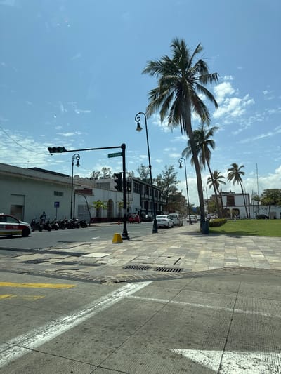 The image depicts a street scene in Veracruz City, Mexico. It includes palm trees, street lights, buildings, and parked vehicles. The street sign reads "Av. 16 de Septiembre". There are motorcycles parked alongside a building. The sky is blue with scattered clouds. A taxi is visible on the right side of the image. The sidewalk is paved with rectangular blocks.