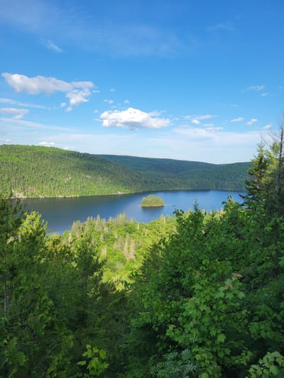 This image captures a serene landscape of a calm lake surrounded by lush green, tree-covered hills under a bright blue sky with scattered white clouds. In the foreground, dense green foliage obscures the lower portion of the scene. A small, tree-covered island sits in the middle of the lake. The lighting suggests it is daytime, possibly late morning or early afternoon, with the sun casting a gentle light on the scene. The image is a photograph, likely taken from an elevated viewpoint overlooking the lake. While the specific location within Shawinigan, Canada, is not definitively identifiable from the image alone, the scenery is characteristic of many natural park areas in the region. There are no people, animals, or man-made structures visible in the frame.