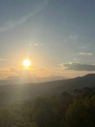 The image, presented vertically, depicts a tranquil mountain landscape bathed in the warm light of a low-angled sun, suggesting either a sunrise or sunset. The sky occupies the left and central parts of the frame, featuring a brilliant, circular sun positioned centrally within this expanse. The sun emits a strong, golden glow and a prominent lens flare. Wispy clouds are scattered across the sky, with those closer to the sun appearing illuminated in warm orange and yellow, while the sky further away transitions to a soft blue-gray.

To the right of the sky, mountains rise, their peaks softly silhouetted or gently illuminated, appearing hazy in the distance. The mountain slopes are densely covered with dark green trees, forming a thick forest. Small, dark buildings or houses are faintly visible nestled within the foliage on the distant slopes. On the far right, partially obscured by trees, some faint lines, possibly power lines or utility poles, are visible.

The overall scene evokes a sense of serenity and natural beauty characteristic of a rural, mountainous area like Kribul, Bulgaria. There are no people visible, and no discernible text.