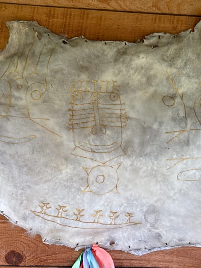 The image shows a piece of parchment or hide stretched taut over a wooden surface, likely a wall or table. The parchment is off-white with some mottled gray and brown discoloration, suggesting age or natural material. It is irregularly shaped with a rough, torn edge along the top and some fraying. Several small holes are visible along this edge, some appearing to be for attachment, with at least one metal tack present.
Drawn onto the parchment in a golden or yellow pigment are various symbolic figures. In the center is a stylized face with a rectangular head, outlined eyes, and a line for a mouth. Horizontal lines are drawn across the forehead and upper part of the face. Below this central figure is a circular symbol with radiating lines or spokes, resembling a sun or wheel. Towards the bottom of the parchment, a boat-like shape is depicted, carrying several small, stylized figures that resemble trees or small humans. On the left and right sides of the central image, there are partial outlines of other figures or symbols, including circular shapes that could be eyes or heads, and angular lines.
At the bottom of the parchment, a cluster of colorful ribbons or streamers is attached, in shades of pink, orange, blue, and green. These ribbons hang loosely over the edge of the parchment.
The wooden surface beneath the parchment is made of planks with visible grain and color variations, indicating natural wood. The planks run horizontally in the image. The overall impression is one of a cultural artifact, possibly an ancient drumhead or ceremonial piece, displayed on a rustic wooden background.
The location in the city of Anchyl-Chon, Russia, is not directly evident from the visual information within the image itself. This detail would require external context or information not present in the photograph.
