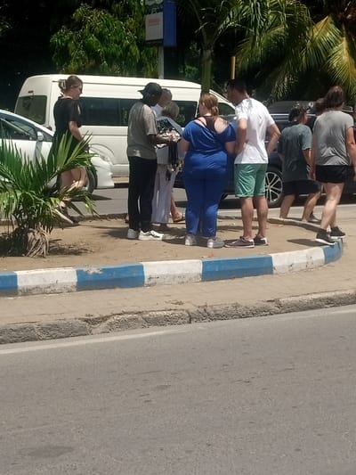 The image displays an outdoor scene during daylight hours in Ganjoni/Shimanzi ward, Kenya. A group of seven individuals is gathered on a paved sidewalk next to an asphalt road.
In the center, a dark-skinned male, dressed in a striped shirt and dark pants, is engaged in a commercial interaction, displaying several light-colored items (likely textiles or souvenirs) to four other individuals. These observers include: a light-skinned female in a black dress to the left; a light-skinned female in a royal blue off-shoulder top and matching pants, with her back mostly to the camera; a light-skinned male in a white t-shirt and green shorts; and a partially obscured light-skinned female in light-colored attire behind the vendor. To the far right, two additional light-skinned individuals—one male in a dark green t-shirt and dark shorts, and one female in a grey t-shirt and black shorts—are seen moving away from the central group.
The background features a white passenger van and the front of a white car on the left, with a dark SUV partially visible behind the group on the right. Lush green tropical foliage, including palm trees, is prominent behind the vehicles. A light pole with a blue sign is visible in the upper center-left. The sidewalk's curb is painted white and blue. The scene is illuminated by bright natural sunlight.