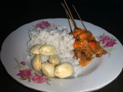 The image shows a white plate with a floral pattern, containing a serving of white rice, several large, pale green bean-like pods, and three skewers of meat coated in a savory sauce. The meat skewers are positioned to the right of the rice, with the pods to the left. The plate is set against a dark, out-of-focus background. The lighting is dim, suggesting an indoor setting, likely a meal being served. There are no people or specific architectural elements visible to indicate a precise location within Karangkemiri, Indonesia, beyond it being a meal setting.