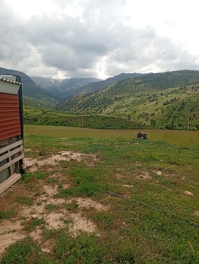 The image depicts a rural landscape with a building and mountains in the background. In the foreground, to the left, is a red-sided building with a white corrugated metal roof and a wooden fence. The ground in front of the building is a mix of dirt and green vegetation, with scattered red flowers.

The middle ground features a grassy field, and further back, a distant, low-lying structure or pile of objects is visible in the field. A dark hose or pipe runs across the grass.

The background is dominated by rolling green hills covered in vegetation, with a valley carved between them. In the far distance, rugged mountains rise, with patches of snow visible on their peaks. The sky is overcast with heavy clouds. The scene appears to be in a natural, mountainous environment.