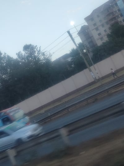 A blurry, tilted shot reveals a roadside scene. A tan wall stretches horizontally across the frame, bordering a green strip of grass. A person is walking alongside the wall. Trees and a building rise behind the wall. A streetlight stands tall near the wall. The bottom of the image shows a blurred highway with moving cars. The sky is overcast and pale. The overall image quality is poor due to motion blur and camera angle.