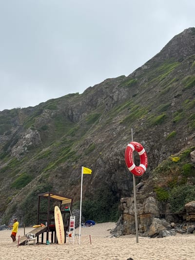 This is a wide, eye-level, medium shot of a beach scene in Colares, Portugal. The sky is overcast and a pale grey. The majority of the frame is dominated by a steep, rocky hillside covered in patches of green vegetation and sparse yellow wildflowers. In the foreground, the sandy beach is visible. To the left, a wooden lifeguard station with a yellow-roofed canopy stands on the sand. A surfboard with the words "SALVAMENTO-RESCUE" printed vertically in red is leaning against the station. A person wearing a yellow jacket and orange shorts stands to the left of the station, facing away from the camera. A yellow flag is planted on a pole to the right of the lifeguard station. Further to the right, a red and white ring buoy hangs on a metal pole. In the middle ground, to the right of the lifeguard station, two people are resting on a blue tarp. A section of orange rope, likely marking a boundary, is visible in the foreground. The overall atmosphere is calm and overcast.