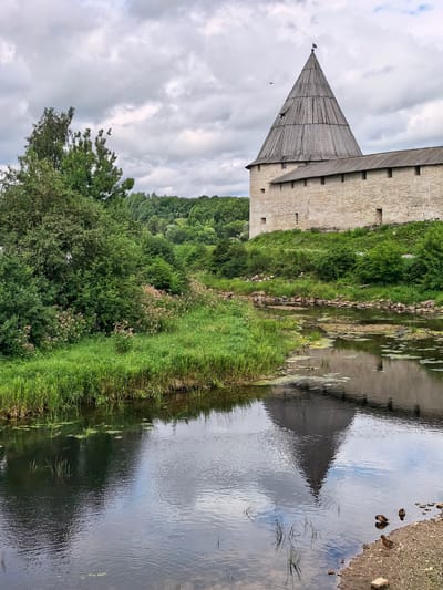 The image captures a view of the Staraya Ladoga Fortress in Staraya Ladoga, Russia, on an overcast day. In the foreground, a river flows, its surface reflecting the cloudy sky and the fortress. The riverbank on the left is covered in lush green grass and reeds, with some flowering plants. On the right, a narrow strip of gravelly shore is visible, with three ducks standing near the water's edge.
Dominating the right side of the image is a section of the fortress wall and a prominent conical tower. The tower, constructed with wooden shingles, has a weathered appearance. The fortress walls are made of light-colored stone. Green vegetation grows on the slopes leading up to the fortress. The background consists of rolling hills covered in dense green trees, suggesting a natural landscape surrounding the historical site. The sky is filled with heavy, grey clouds.