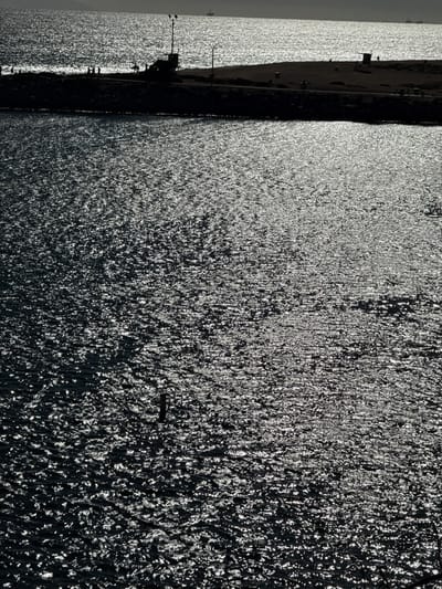 The image depicts a glistening body of water, likely the ocean or a bay, under bright sunlight, with a landmass visible in the background. The water surface is covered in light reflecting the sun, creating a sparkly effect. The landmass appears to be a breakwater or a strip of land bordering the water. Silhouetted figures and structures are visible on the land, including what seems to be a lifeguard tower.

Based on the presence of a breakwater, lifeguard tower, and the coastal landscape, this image is likely from Newport Beach, California, United States.